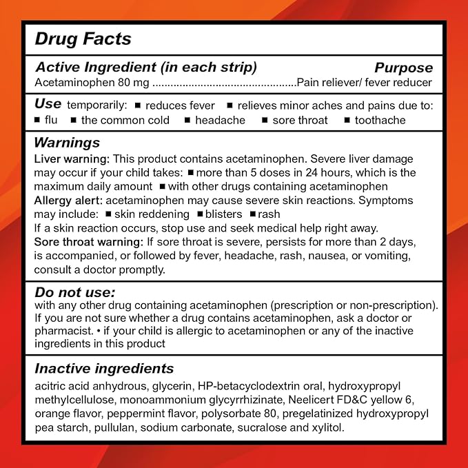Children's Acetaminophen 36 Strips | Pain Reliever & Fever Reducer | Fast-Acting Support for Cold & Flu Symptoms | Oral Chewable Strips for Kids Ages 2-9 | Travel Size, Orange Flavor