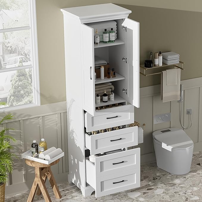 Tall Freestanding Storage Cabinet with 2 Doors & 3 Drawers, Multi-Purpose Organizer with Adjustable Shelf for Bathroom, Office, Living Room, White