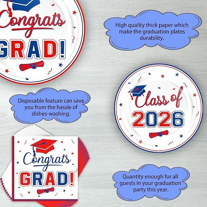 200 Pcs Graduation Table Decorations Party Supplies - Red Blue Graduation Plates and Napkins Class of 2026 Disposable Dinnerware Set for College High School Congrats Grad Party Favors, Serve 50