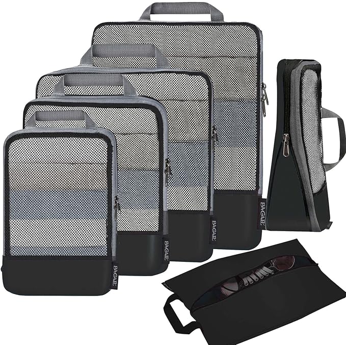 BAGAIL 4 Set/6 Set/8 Set Compression Packing Cubes Travel Accessories Expandable Packing Organizers (Half Mesh, 6-Black)