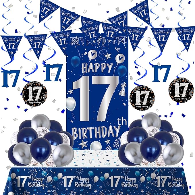 17th Birthday Decorations for Boys Girls, Blue Silver Happy 17th Birthday Party Decorations Supplies - 17th Birthday Backdrop Banner Tablecloth Triangle Flag Balloons for 17 Year Old Boy Party Decor