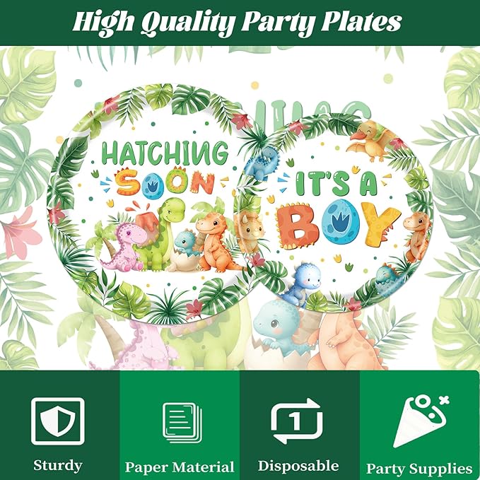 Rakuto Dinosaur Baby Shower Decorations, 96PCS Hatching Soon Baby Shower Disposable Paper Plates Napkins Party Decorations, Watercolor Dinosaur It's a Boy Forks Decor Supplies Serves 24