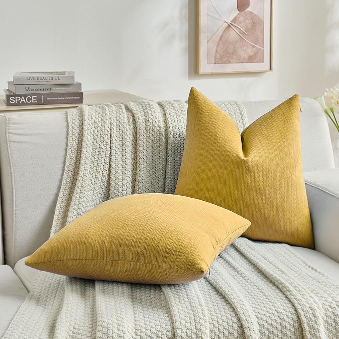FUTEI Mustard Yellow Decorative Throw Pillow Covers 12x20 Inch Set of 2,Soft Cozy Wheat Ear Striped Patterns Lumbar Pillow Cases,Modern Home Decor for Couch Bed Living Room
