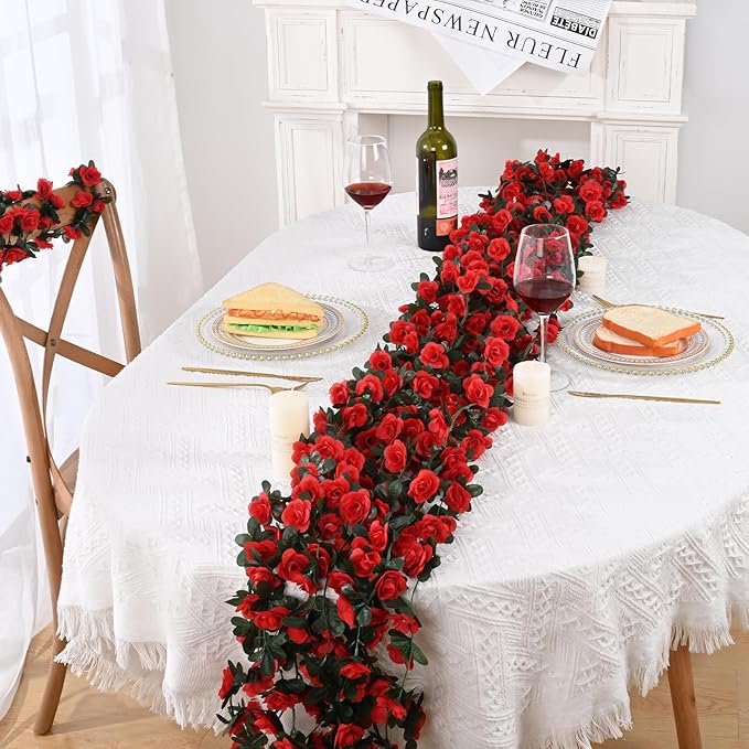 MARTINE MALL Flower Garland Vines, 12 Strands 99Ft for Bedroom, Rose Decoration, Floral Garland for Room Table Christmas Birthday Wedding Party Garden Wall Decor
