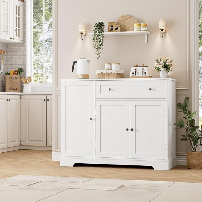 HOSTACK Buffet Cabinet with Storage, Modern Sideboard Buffet with Doors, Wood Coffee Bar Kitchen Storage Cabinet with Drawer and Adjustable Shelf for Kitchen, Dining Room, Living Room, White