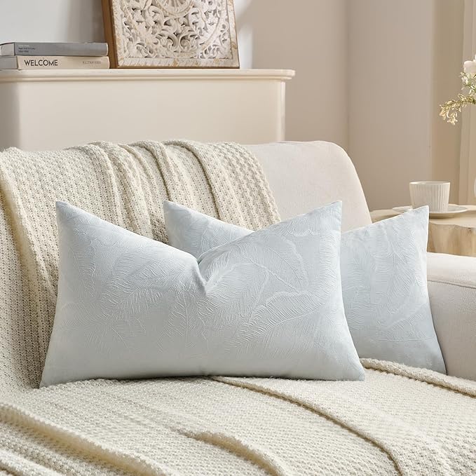 FUTEI Light Blue Velvet Throw Pillow Covers 12x20 Inch Set of 2,Soft Embossed Leaf-Relief Textured Lumbar Pillow Cases,Natural Home Decor for Couch Living Room