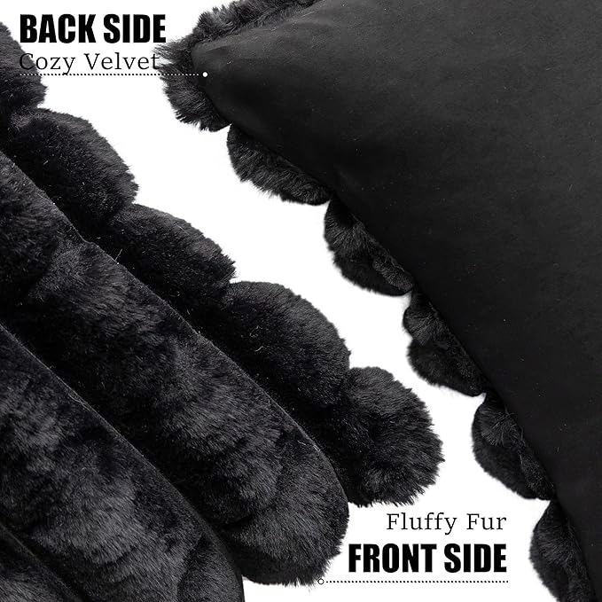Neelvin Black Faux Fur Cozy Soft Plaid Decorative Throw Pillow Covers 12x20 inch Set of 2,Velvet Pillowcase Cushion Case for Sofa Couch
