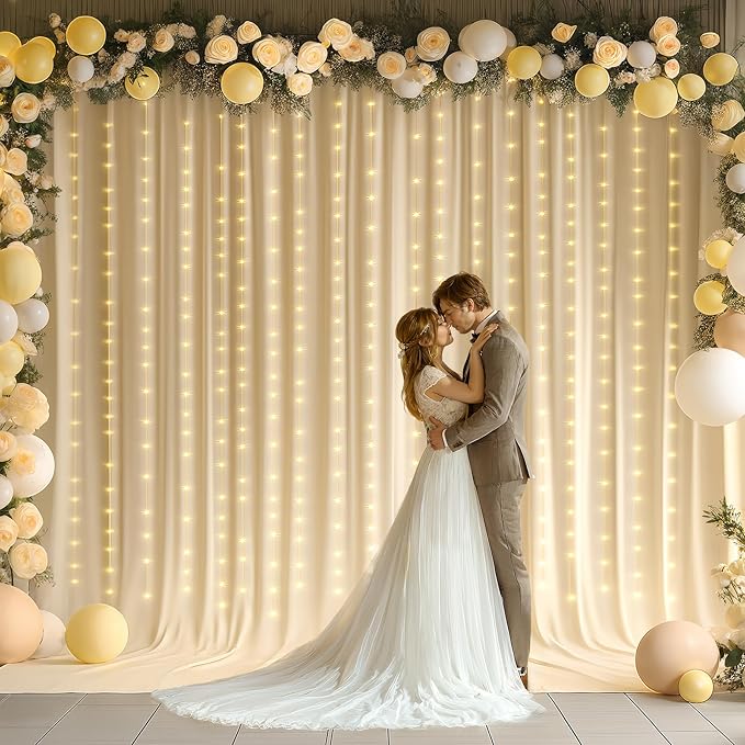 20 x 10ft Champagne Backdrop Curtains with Lights String for Wedding Polyester Photo Backdrop Drapes Wrinkle Free Soft Long Curtains for Birthday Parties Reception Baby Shower Ceremony-5 x 10ft 4Panel