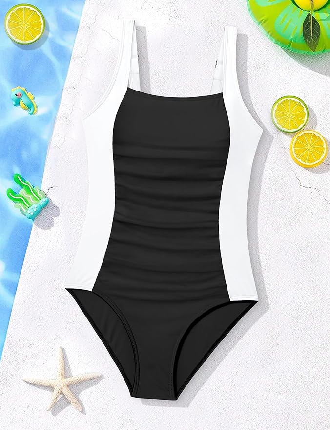 Girl Swimsuit One Piece Bathing Suit for Girls Solid Color Ruched Adjustable Straps Padded Swimwear 9-16y