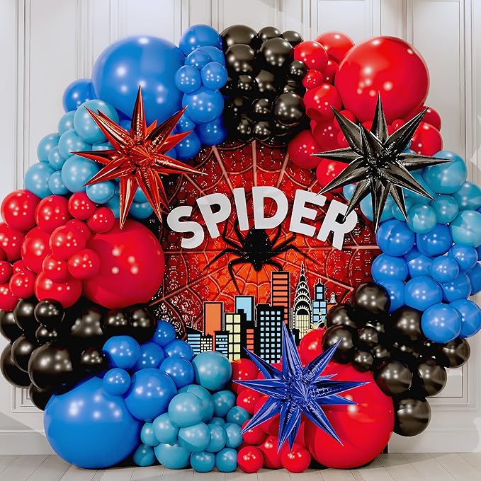 ALL-IN-1 Spider Balloon Arch Kit with BONUS Starburst for Spidy Birthday Decorations - Red Blue Spider Balloons for Spidy Man Party Decorations - Miles Birthday Decoration, Spidey Balloons