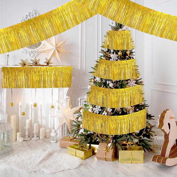 4 Packs 10 Feet Long Laser Gold Foil Fringe Garland Shiny Metallic Tinsel Table Skirts Wall Hanging Banner for Car Parade Birthday Parties Floats Wedding Baby Shower Bachelorette Garden Decorations