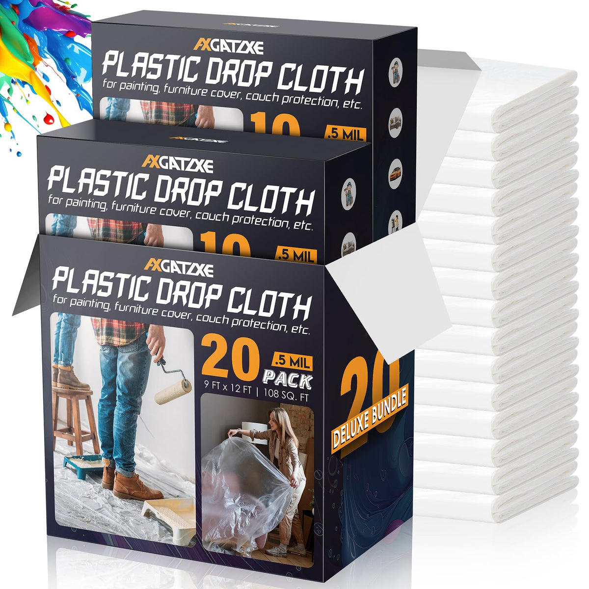 12 x 9 Ft Plastic Sheet Drop Cloths (20-Pack) - Disposable Painter's Sheeting & Tarps for Painting, Waterproof Painting Supplies, Dust Cover for Furniture/Couch/Floor Protection