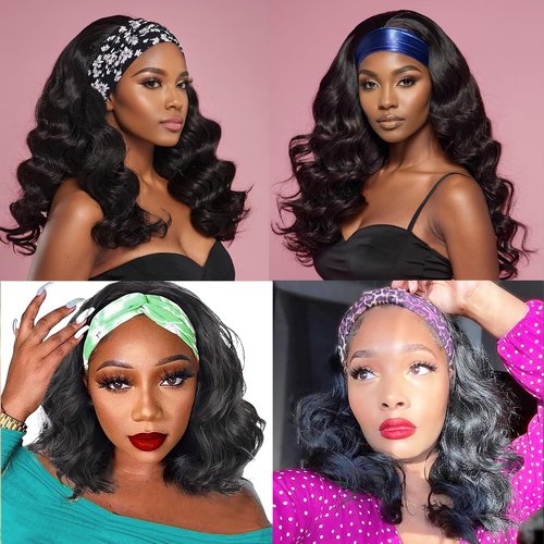 JCL Headband Wig Human Hair Body Wave Headband Wigs Human Hair Wig 14 Inch Human Hair Curly Wigs for Black Women Natural Color None Lace Front Wigs
