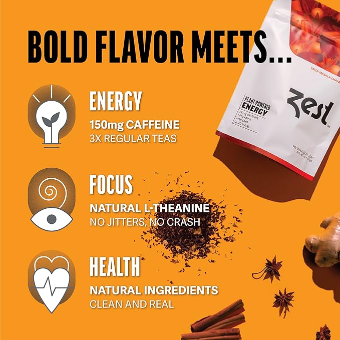 Zest Energy Black Tea - Spicy Masala Chai Loose Leaf Blend - High Caffeine Cardamom Ginger Tea with Cinnamon - Caffeinated Coffee Altnernative - Natural, Non-GMO & Keto - 50 Servings - 150mg Caf