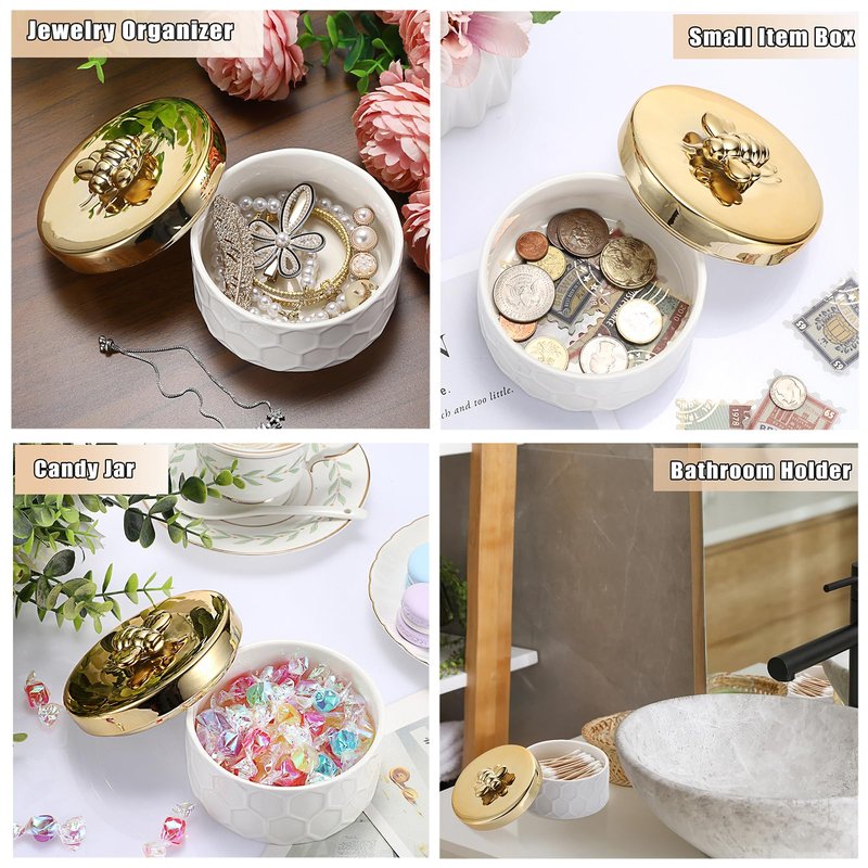 ELLDOO Body Powder Puff and Container, Ceramic Loose Dusting Powder Storage Box with 2pcs Powder Puffs for Baby Women, Jewelry Trinket Box with Golden Bee Lid