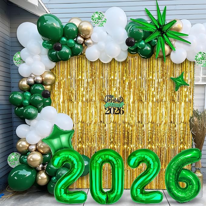 Graduation Balloon Garland Arch Kit for Graduation Decorations Class of 2026 - Dark Green Gold and White Balloon Different Sizes 5 12 18 Inch Graduations Balloons Arch for Grad Party Supplies