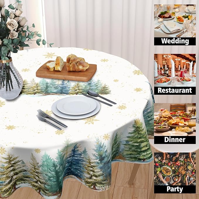 Christmas Round Tablecloth 70 Inch Xmas Tree and Snowflake Pattern White Table Cloth Circle Winter Holiday Table Cover Washable Polyester Indoor Decor for Home Kitchen Dinning Party