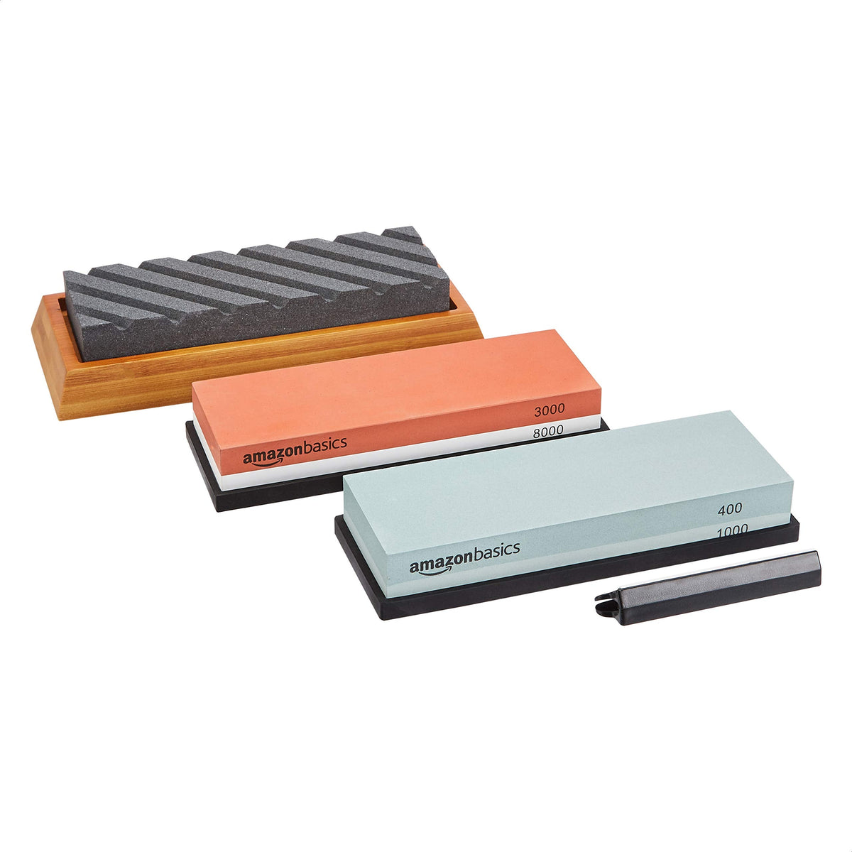 Amazon Basics Whetstone Knife Sharpening Stone Set, Double-sided 400/1000 and 3000/8000 Grit Stones, Flattening Stone with Angle Guide, Non-Slip Bamboo Base, 3 Count, Black & Grey
