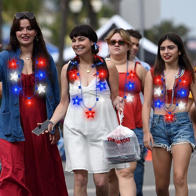 10PCS Independence Day Necklace Accessories, 4th of July Light up Necklaces Bulk, LED Patriotic 7 Bulb Red Blue Whtie Stars Necklaces, Glow Necklace for 4th of July Memorial Day Parades Party Favors