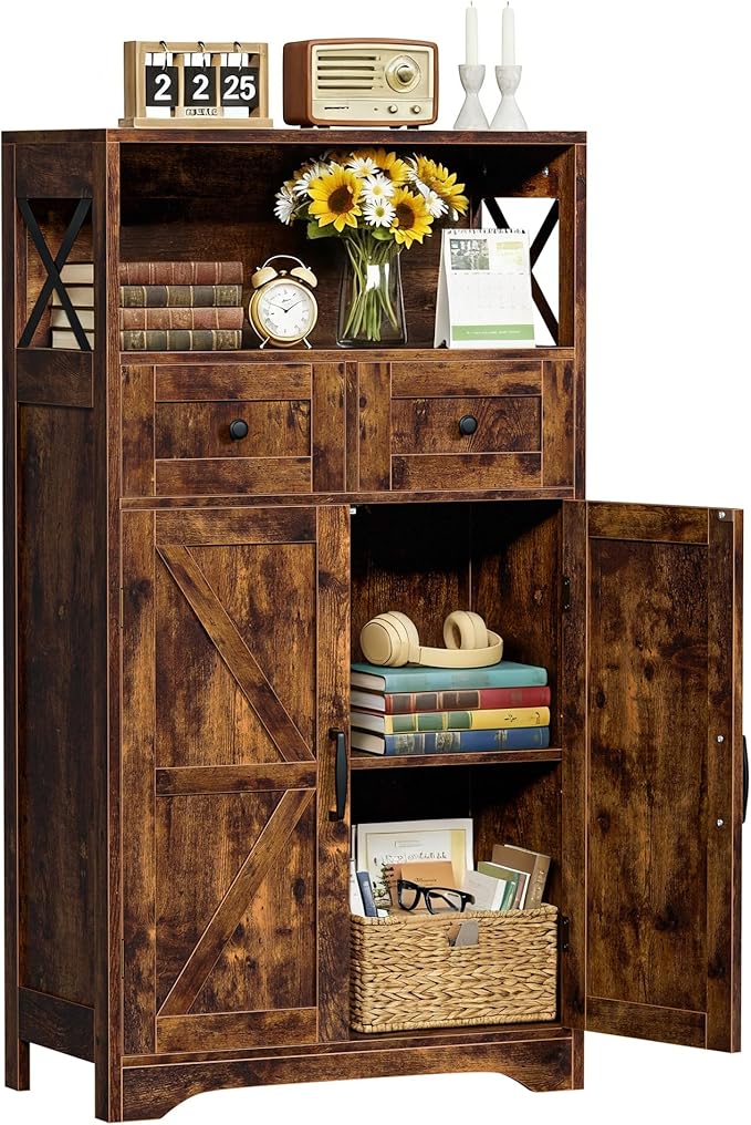 SUPER DEAL Farmhouse Storage Cabinet, Bathroom Floor Cabinet Kitchen Pantry with Doors and Drawers, Hutch Cupboard for Laundry, Living Room, Bedroom, Rustic Brown