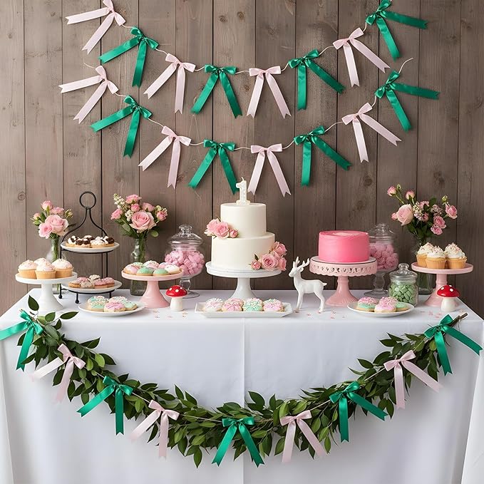 2 Strings Bow Garland Pink Green Bow Garland Banner Hanging Birthday Decorations for Party Decorations Bachelorette Wedding Party Baby Shower Graduation 16pcs