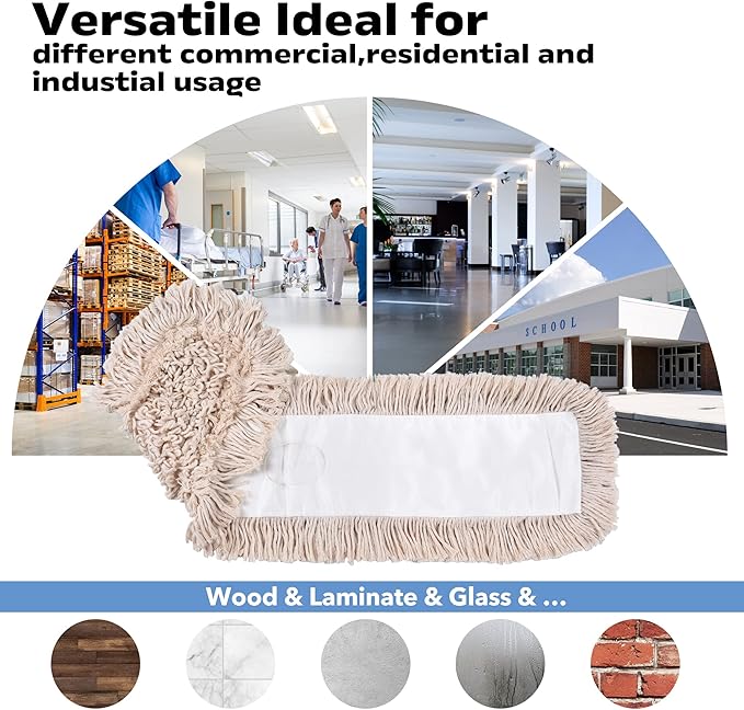 Matthew Cleaning 24'' Cotton Dust Mop Refill Washable Thick Tufted Replacement Heads for Residential & Commercial Use Fit All 24'' Dust Mop Frames, Hardwood, Laminate, Concrete Floors 12 Pack