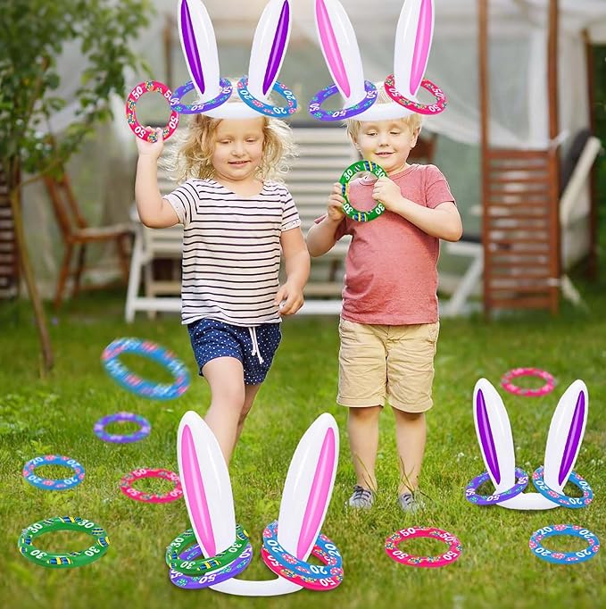 Easter Games for Kids, Easter Inflatable Bunny Ring Toss Games (2 Sets & 8 Score Rings), Ring Toss Game for Easter Party Favors Indoor Outdoor Games