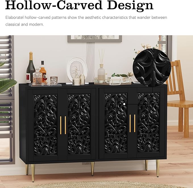 ARTPOWER 47.8" Accent Cabinet with 4 Doors, Vintage Hollow Carving Buffet Cabinet, Sideboards and Buffets with Storage, Credenza for Living Room, Kitchen, Dining Room, Entryway, Hallway, Black