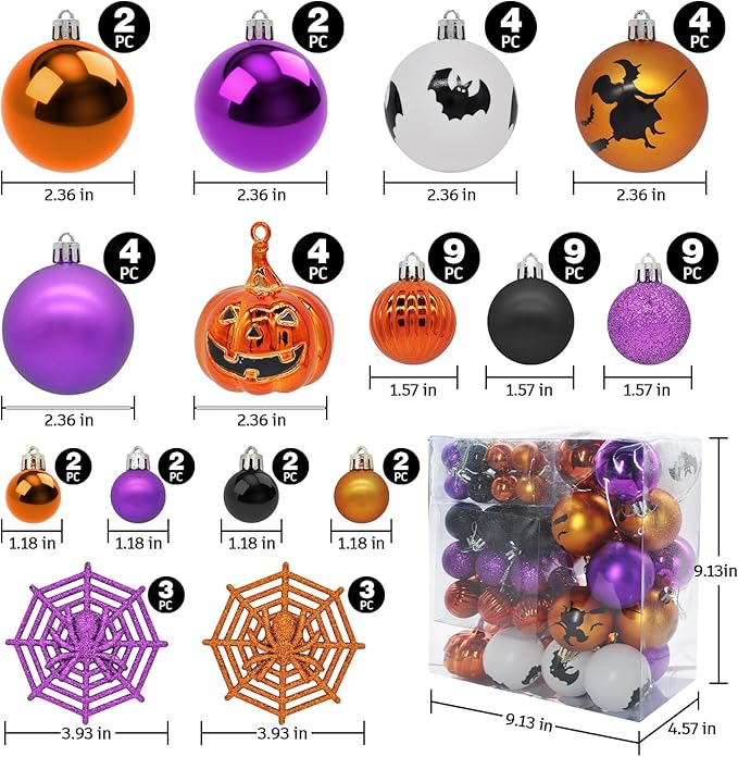 61PCS Halloween Tree Ornaments Ball Hanging Decorations Pumpkin Bat Witches Spider Halloween Decor Home Decor Indoor for Party Holiday