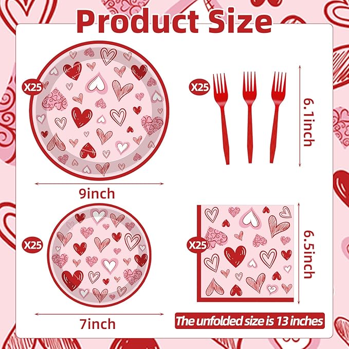 100 Pcs Valentine’s Day Heart Tableware Party Supplies Set, Serves 25 – Disposable Pink & Red Heart Paper Plates, Napkins, and Forks for Romantic Dinner, Bridal Shower, Love-Themed Party Decorations