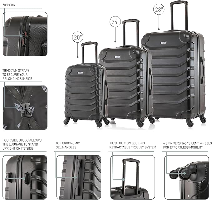 InUSA ENDURANCE Luggage with Spinner Wheels | Spacious Durable Lightweight Hardshell Suitcase, Travel Sets with Handle and Trolley | (20in, 24in, 28in) 3 Piece Luggage Set | Black
