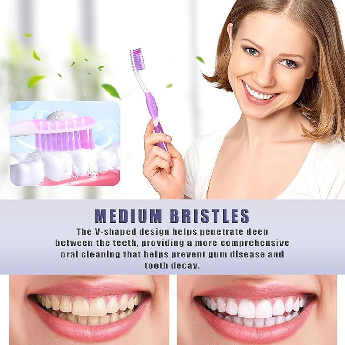 Toothbrush Medium Adults, Medium Toothbrushes for Adults with Tongue Scraper, Travel Toothbrushes with Ergonomic Handle, Assorted Colors, 8 Pack