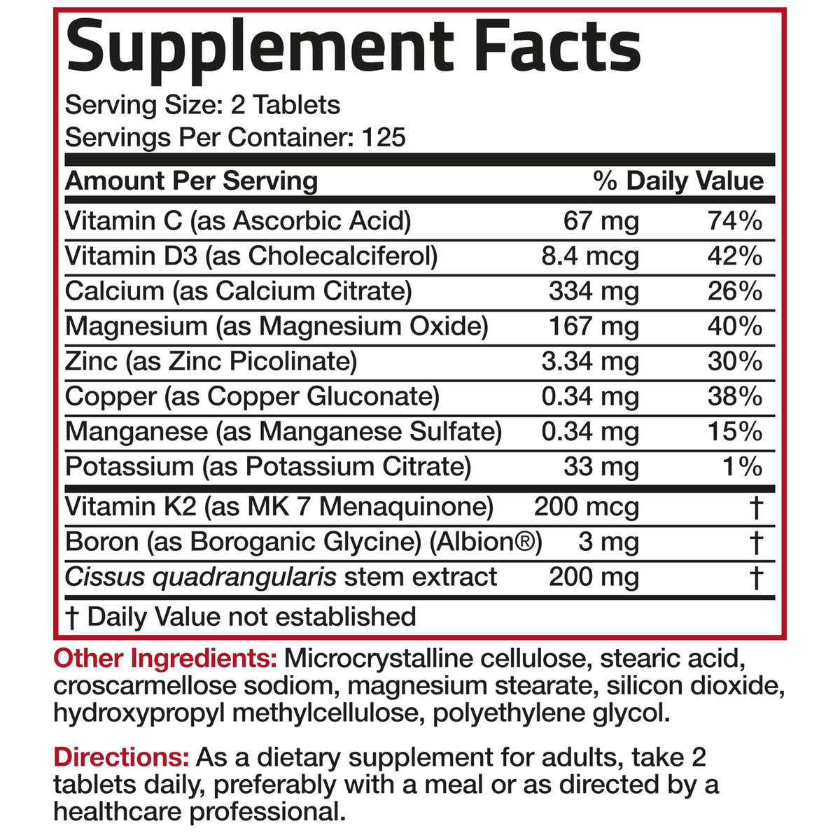 Bronson Bone Health & Strength Complex* High Potency Formula 200 MCG of Vitamin K2 as MK7, Plus Calcium, Boron, Cissus Quadrangularis, Magnesium, Vitamin D3, and More - Non-GMO, 250 Tablets