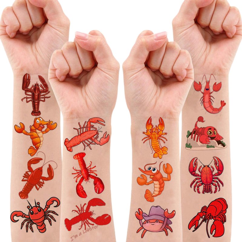 100 PCS Crawfish Temporary Tattoos (10 Sheets) - Cute Lobster Party Favors & Seafood Decorations for Kids, School Carnival Supplies