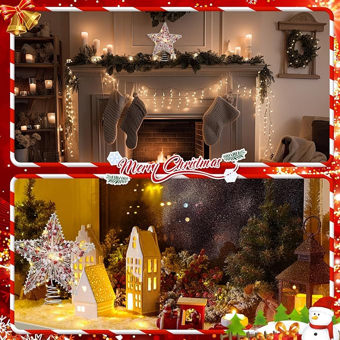 Christmas Star Tree Topper 8.3 Red and White Beads Decor 3D Star Treetop LED Lights Battery Powered Xmas Tree Ornament for Xmas Party Indoor Outdoor Home Decoration