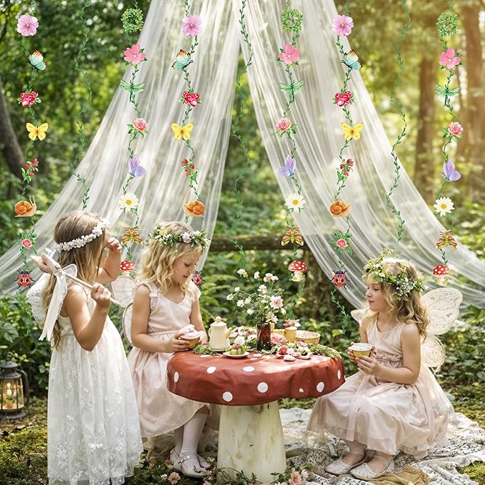 Garden Party Decorations Garland, Ready to Hang Wildflower Party Decorations with Double Sided Flowers Butterflies and Green Vines for Fairy Forest Baby Shower Birthday Tea Party