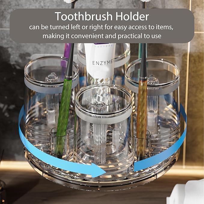 Rotating Toothbrush Holders with 4 Pcs Toothbrush Cup, Shower Toothbrush Toothpaste Holder Wall Mount, Self Adhesive Bathroom Organizer Caddy, Tooth Brush Stand for Manual Toothbrush (Grey)