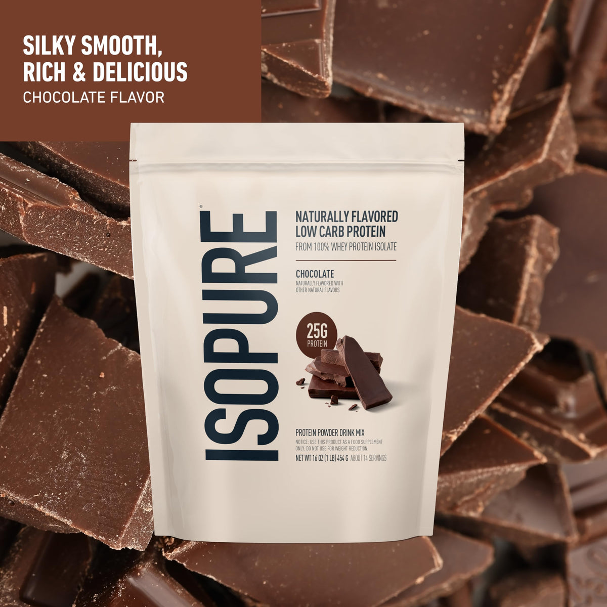 Isopure Low Carb 100% Pure Whey Isolate Protein Powder, Lactose Free, Gluten Free, With Vitamins, Dark Chocolate, 25g Protein Per Serving, 1 Lb, 14 Servings (Packaging May Vary)