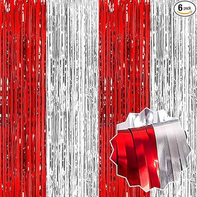6 Pack Red and Silver Foil Fringe Curtains Backdrop, 3.28 x 9.8 Ft Metallic Streamers Tinsel Curtains Background for Photo Booth, Birthday, Halloween, Christmas, New Year Party Decorations