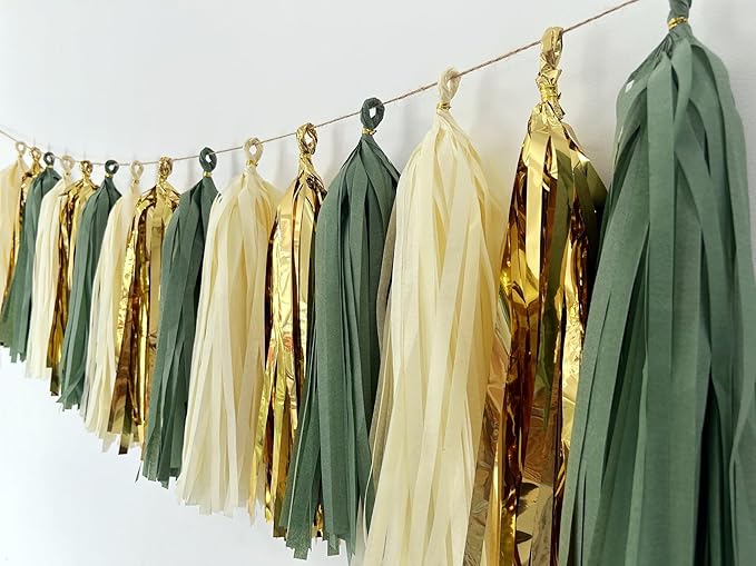 20Pcs Sage Green Gold Mylar Tassels Garland Tissue Paper Tassels Banner DIY Kit Teal Tassel Garland Teal Gold Birthday Party Decorations for Women Men Boys Girls, Party Supplies