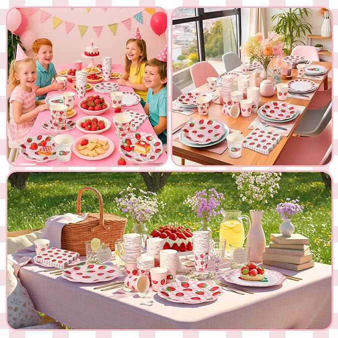Yungyan 108 Pcs 36 Guest Strawberry Party Paper Plates and Napkins Strawberry Decoration Disposable 6" Scalloped Dessert Plates 9 oz Cup Tableware Set for Baby Shower Berry First Birthday Supplies