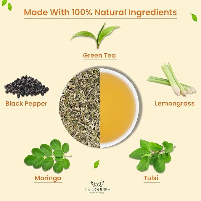 TeaNOURISH Moringa Tulsi Green Tea | Darjeeling Loose Leaf Tea | 100% Natural Moringa & Tulsi Leaves | Immune Support Tea - 3.53oz/100g (Pack of 2)