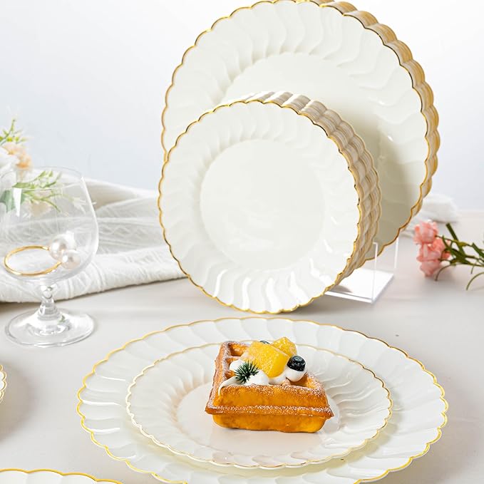 Lullaby 96PCS Ivory Scalloped Plastic Plates with Gold Rim, Disposable Elegant Plates Include 48pcs Dinner Plate 10.25", 48pcs Dessert Plate 7.5", Perfect for Daily Use, Wedding and Party