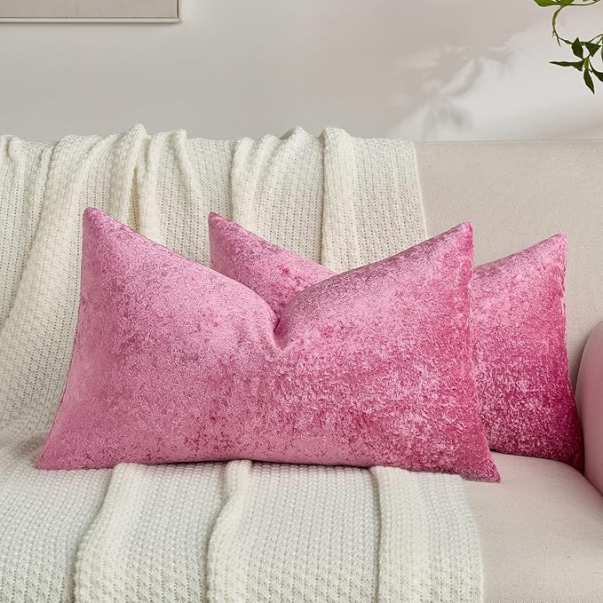 FUTEI Hot Pink Flannel Throw Pillow Covers 12x20 Inch Set of 2,Soft Dimensional Textured Lumbar Pillow Cases,Modern Home Decor for Couch Living Room