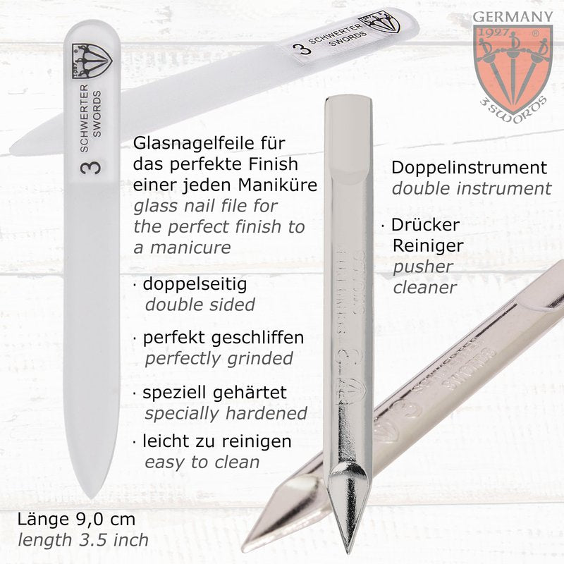 3 Swords Germany - brand quality 3 piece stainless steel INOX manicure pedicure grooming kit set for professional finger & toe nail care scissors file tweezers genuine leather case in gift box (03874)