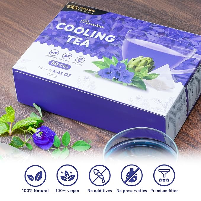 Indochine Blends Cooling Tea | Oolong, Artichoke, Butterfly Pea & Peppermint | Sugar-Free, Caffeine-Free Herbal Tea | Vibrant Blue | Herbal Tea for Relaxation | 4.4 oz | 50 Corn-Fiber Pyramid Bags