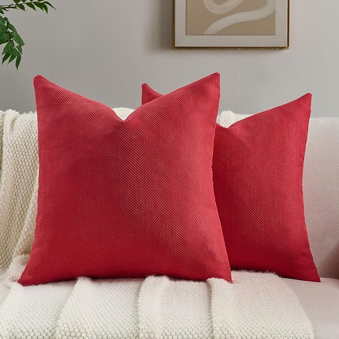 FUTEI Christmas Red Chenille Throw Pillow Covers 16x16 Inch Set of 2,Soft Wide Chevron Textured Cushion Case,Farmhouse Home Decor for Couch Bed Living Room