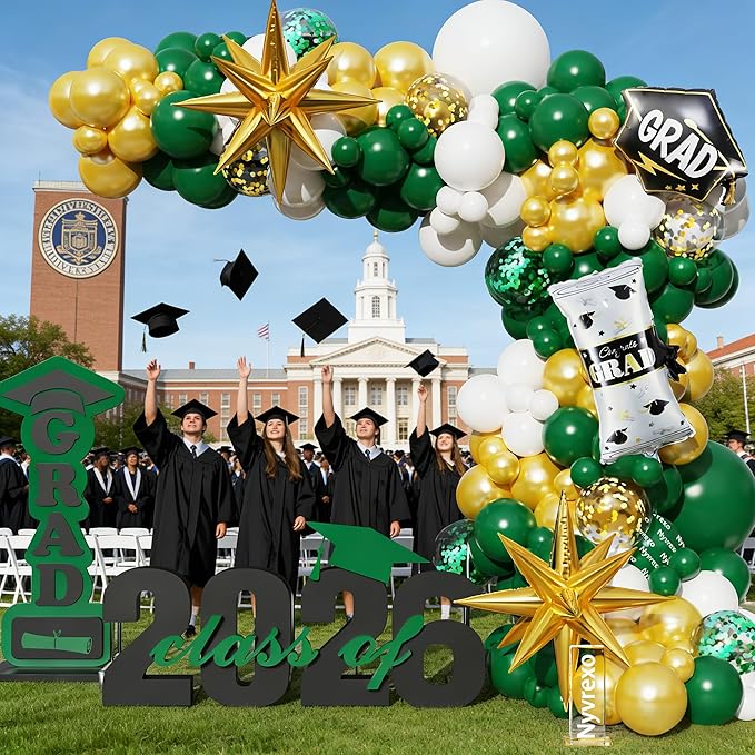 Class of 2026 Graduation Balloon Garland Arch Kit, 139Pcs Green Gold White Graduation Party Decorations, Graduation Backdrop for Party, Congrats Balloons, Graduation Decor for Ceremony & Celebration
