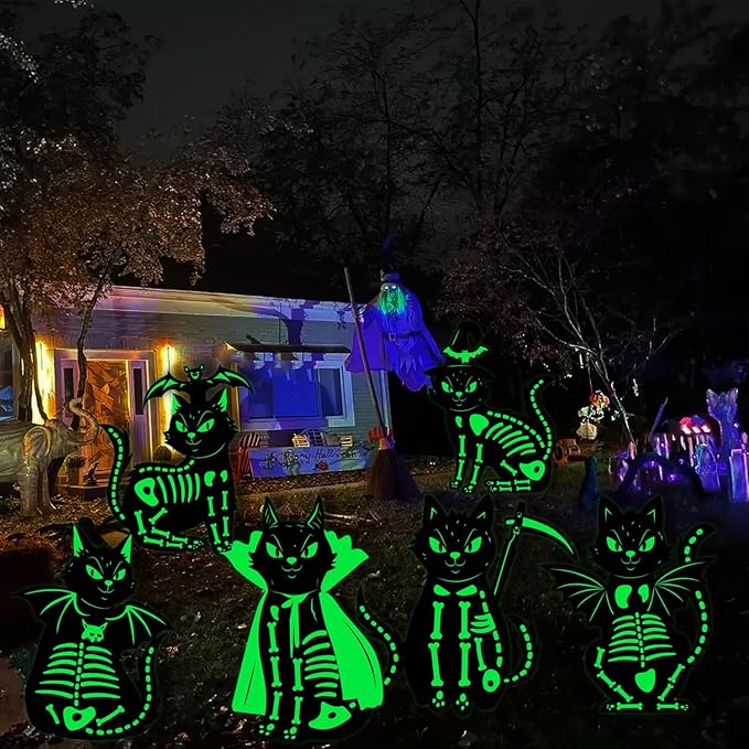 6Pcs Black Cat Halloween Decor Outdoor Glow in The Dark, 16.5”×12.6” Waterproof Spooky Graveyard Yard Stake, Scary Porch and Party Decoration, Light-Up Halloween Cat Sign