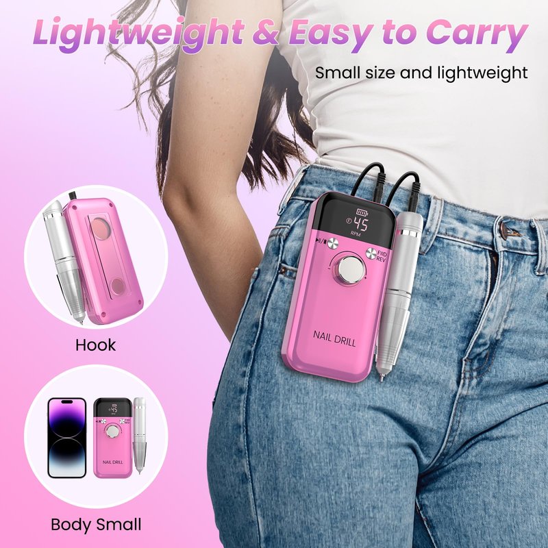 Portable Nail Drill Electric File: Cordless Nail Drills for Acrylic Nails Professional Rechargeable Nail Machine Kit Manicure Pedicure Tools Polishing Set for Shaping, Removing & Polishing Gel Nails